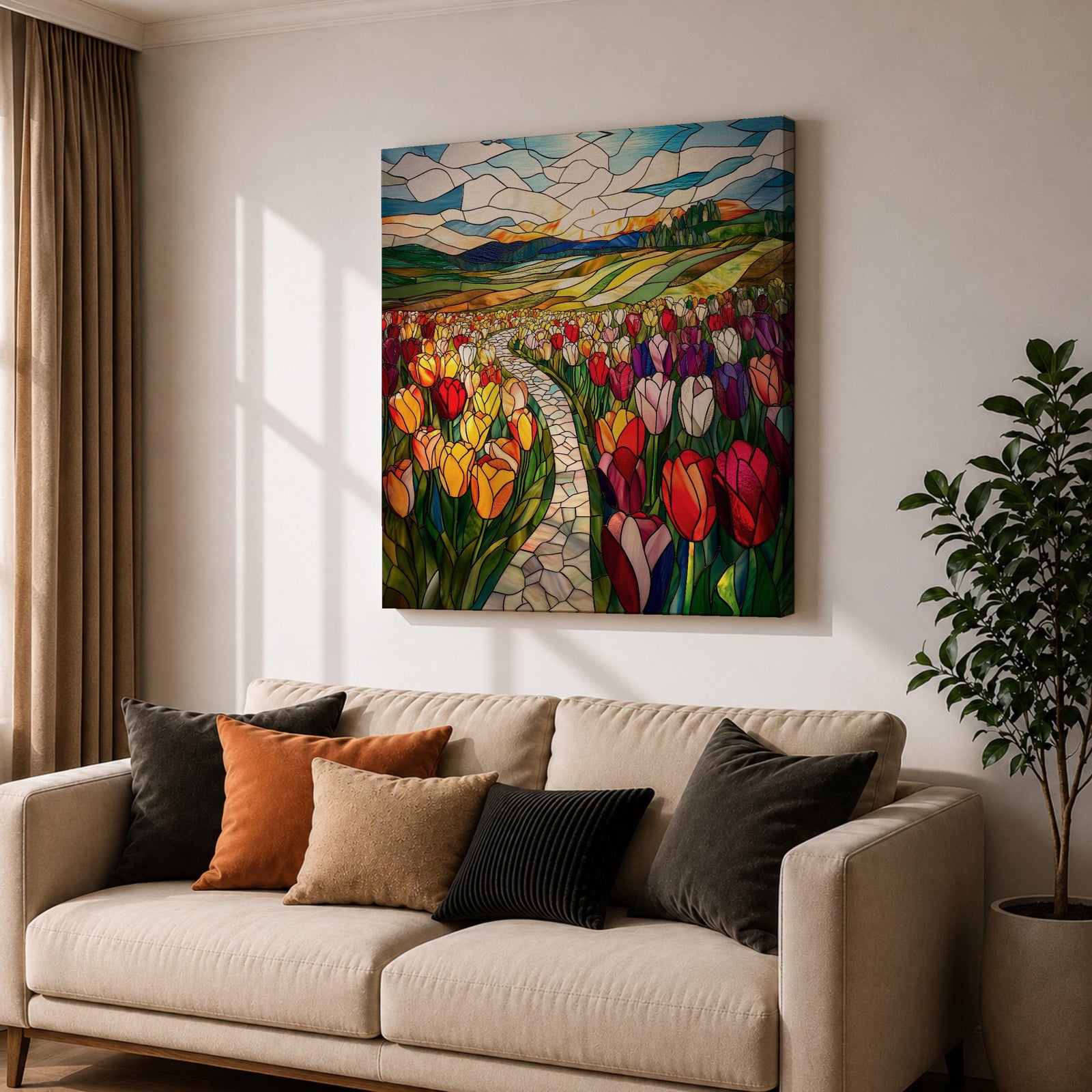 Tulip Field Wall Art Flower Garden Framed Canvas Stained Glass Landscape Botanical Home Decor