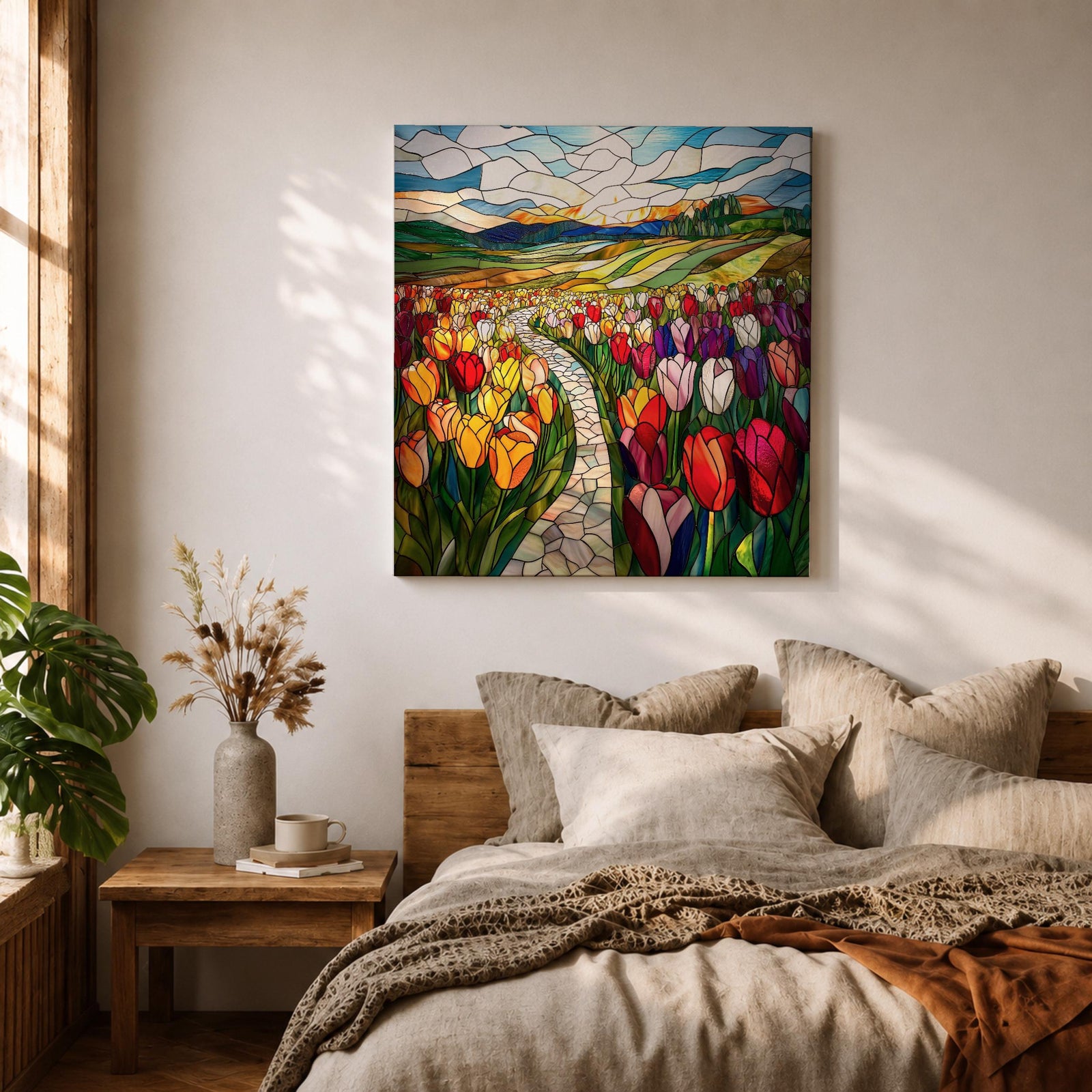 Tulip Field Wall Art Flower Garden Framed Canvas Stained Glass Landscape Botanical Home Decor