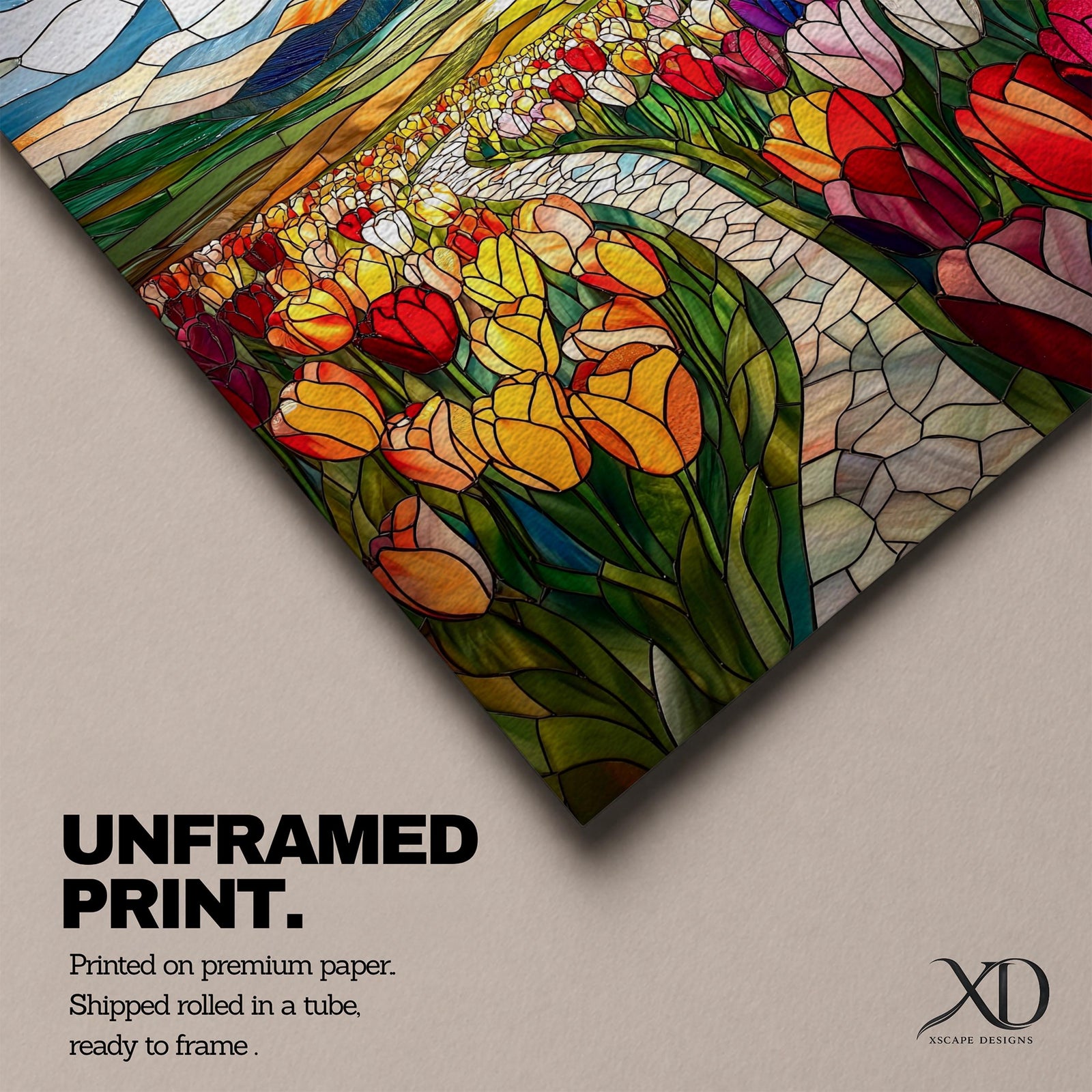 Tulip Field Wall Art Flower Garden Framed Canvas Stained Glass Landscape Botanical Home Decor