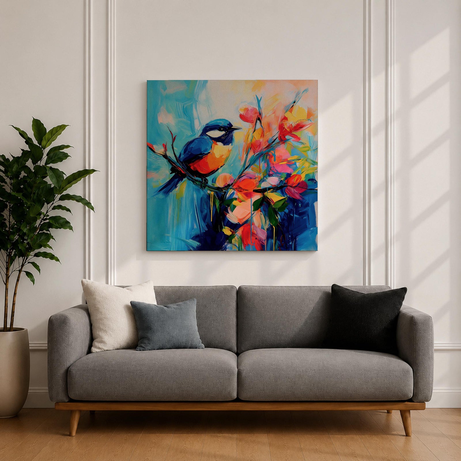 Songbird Wall Art Blue Tit Framed Canvas Floral Abstract Botanical Modern Home Decor