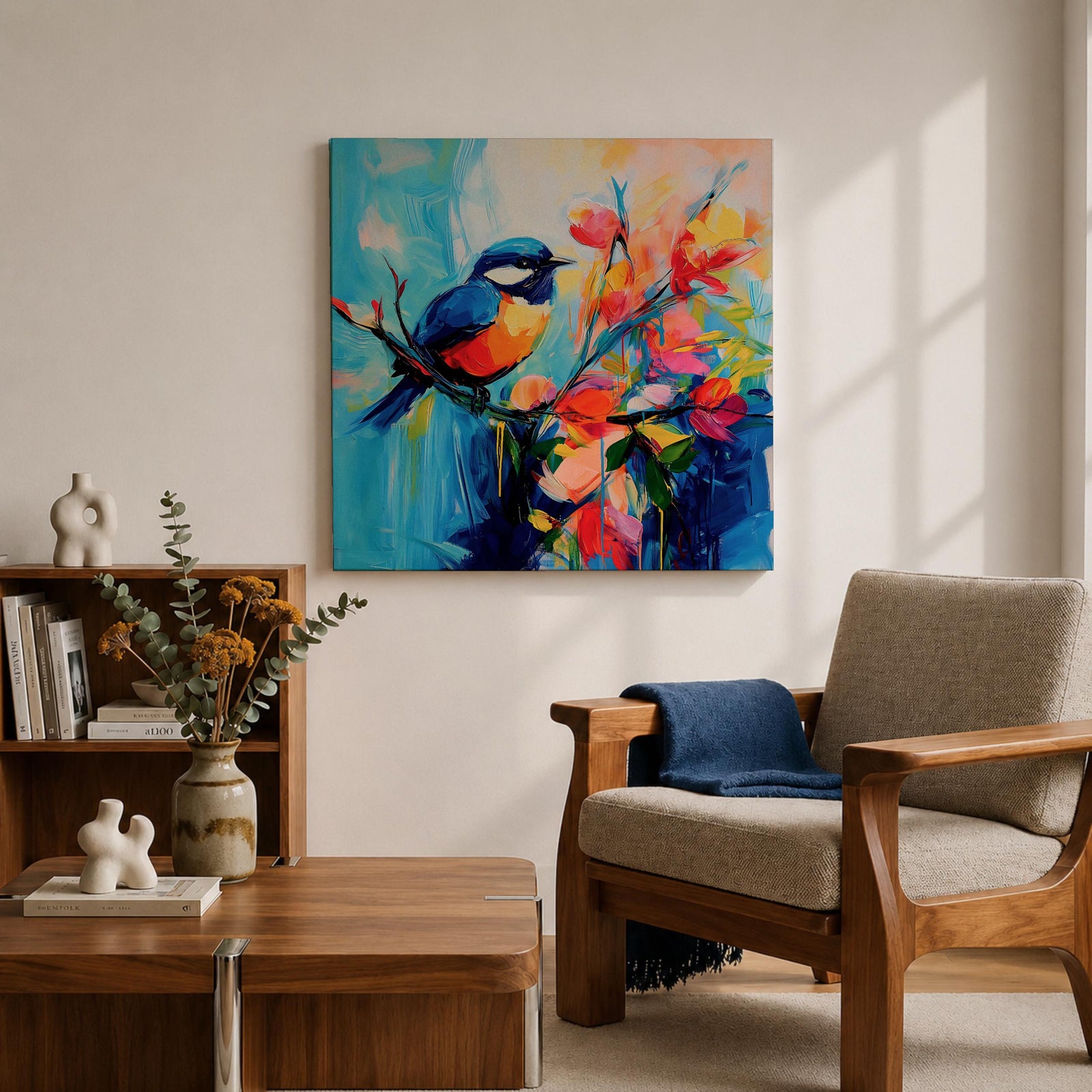 Songbird Wall Art Blue Tit Framed Canvas Floral Abstract Botanical Modern Home Decor