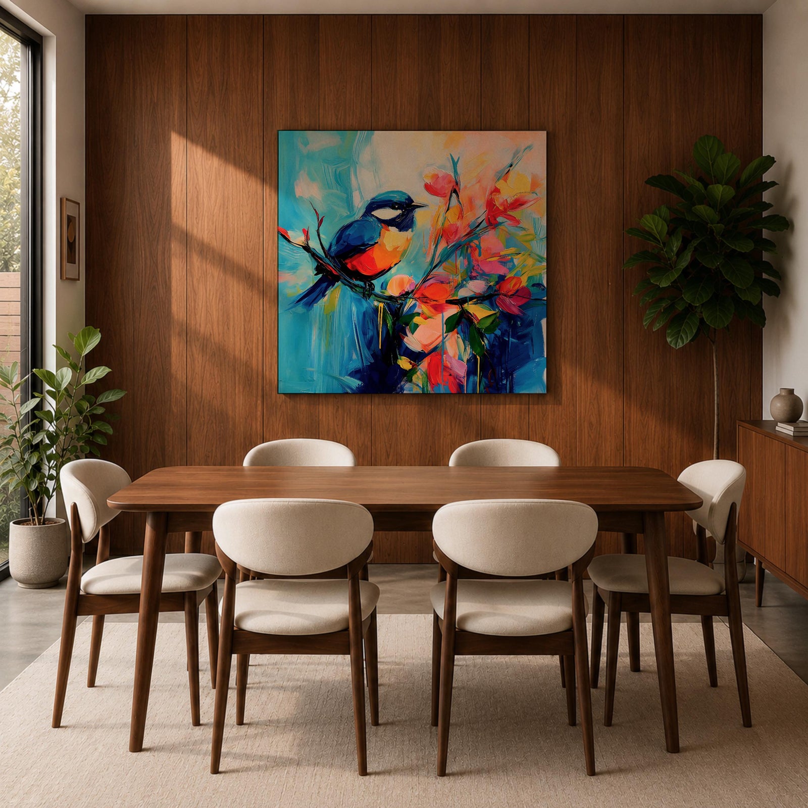 Songbird Wall Art Blue Tit Framed Canvas Floral Abstract Botanical Modern Home Decor