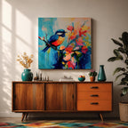 Songbird Wall Art Blue Tit Framed Canvas Floral Abstract Botanical Modern Home Decor