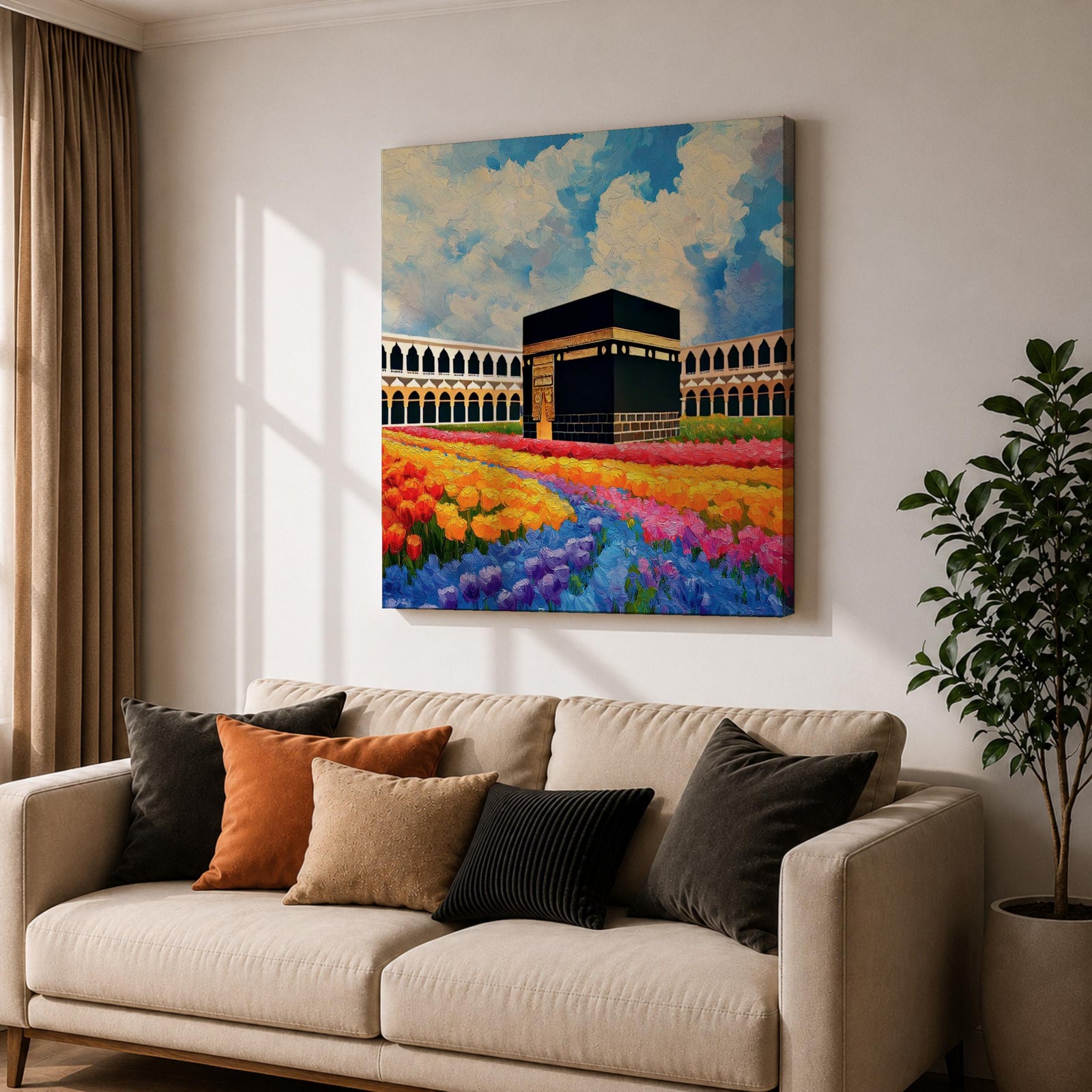 Kaaba Wall Art Masjid al Haram Framed Canvas Mecca Floral Impasto Islamic Home Decor