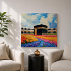 Kaaba Wall Art Masjid al Haram Framed Canvas Mecca Floral Impasto Islamic Home Decor