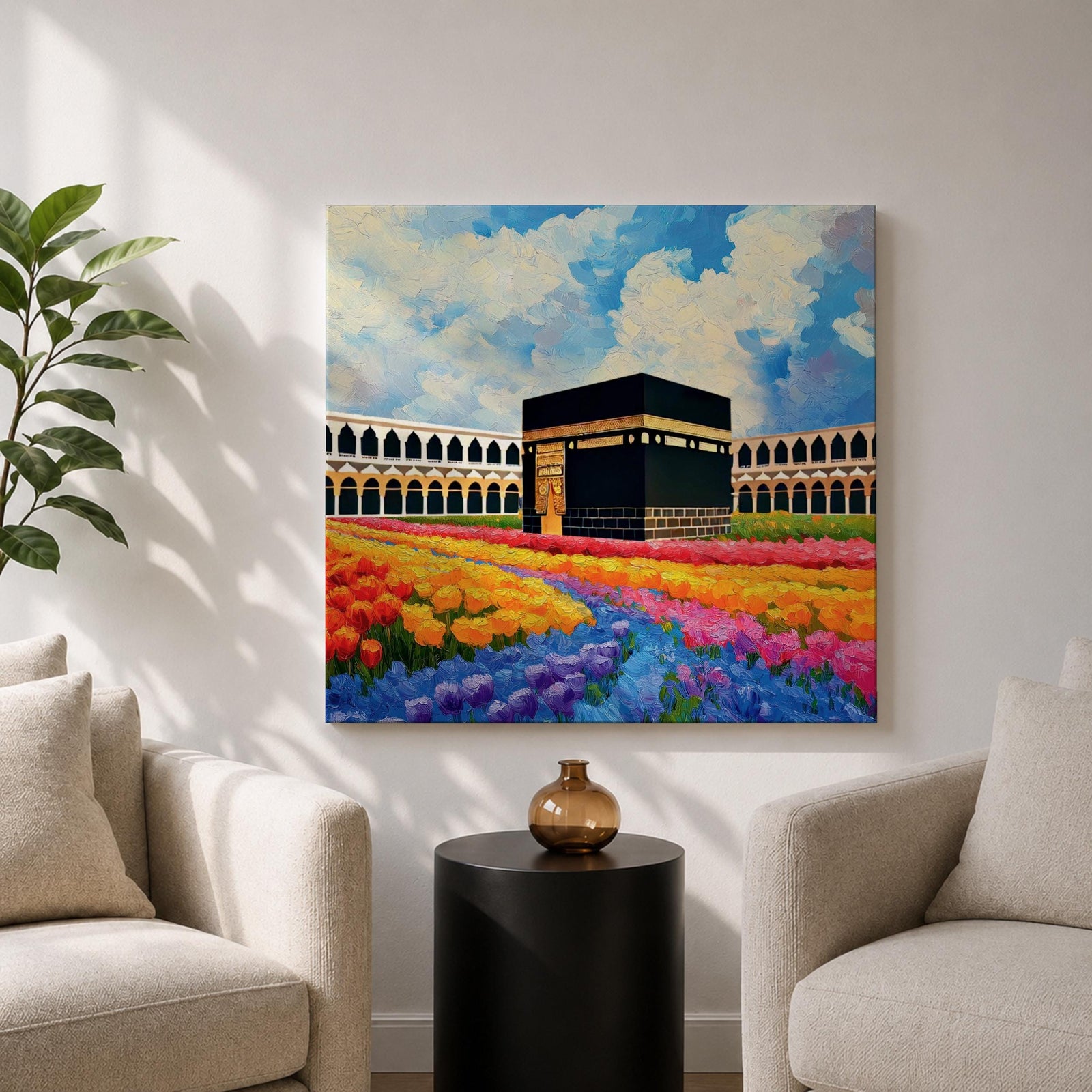 Kaaba Wall Art Masjid al Haram Framed Canvas Mecca Floral Impasto Islamic Home Decor