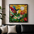 Hummingbird Wall Art Garden Bird Framed Canvas Stained Glass Botanical Floral Nature Home Decor