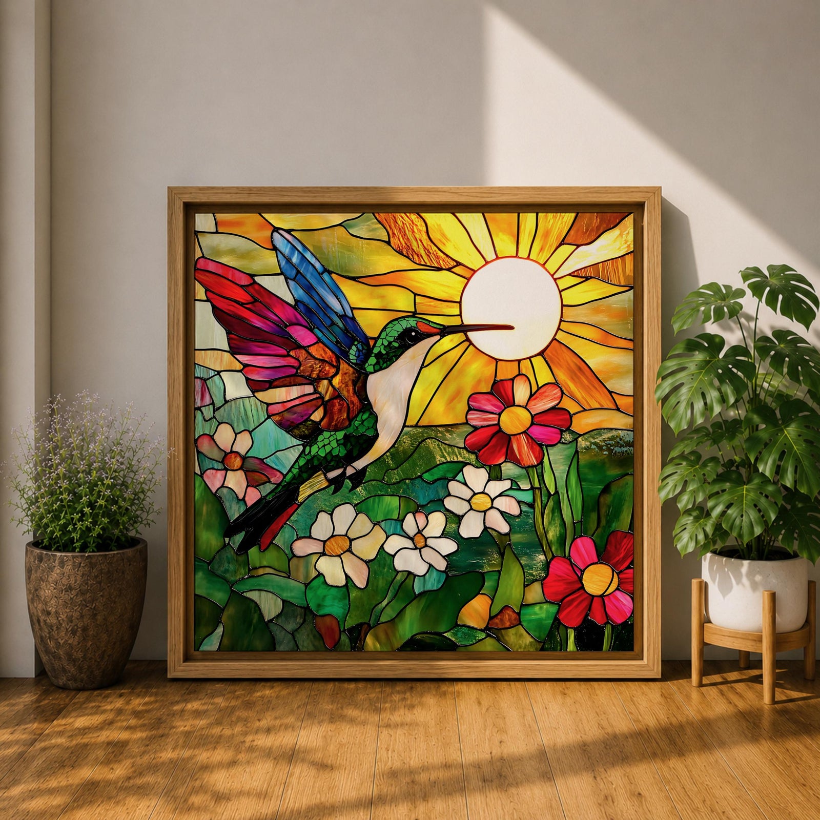 Hummingbird Wall Art Garden Bird Framed Canvas Stained Glass Botanical Floral Nature Home Decor
