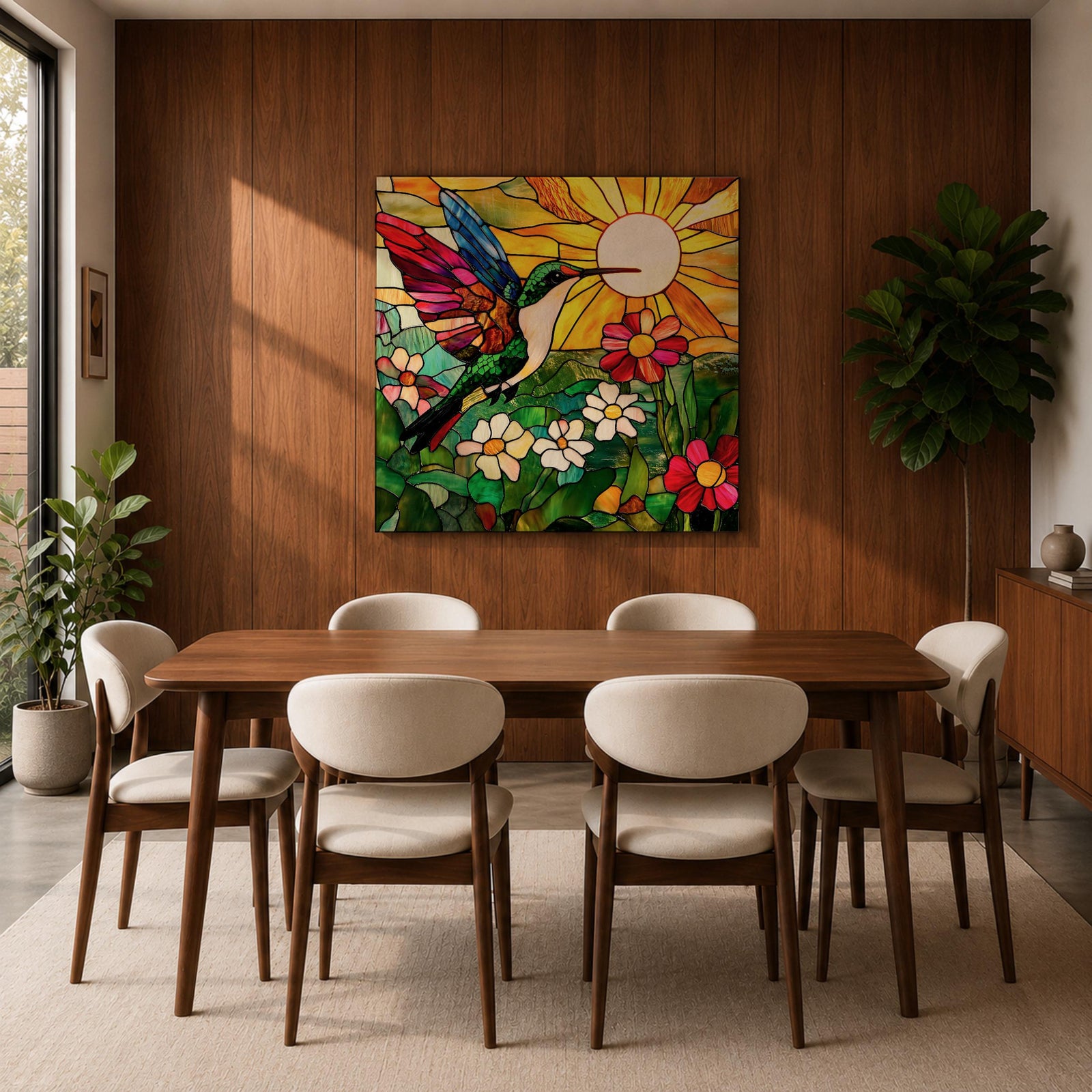 Hummingbird Wall Art Garden Bird Framed Canvas Stained Glass Botanical Floral Nature Home Decor