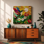 Hummingbird Wall Art Garden Bird Framed Canvas Stained Glass Botanical Floral Nature Home Decor
