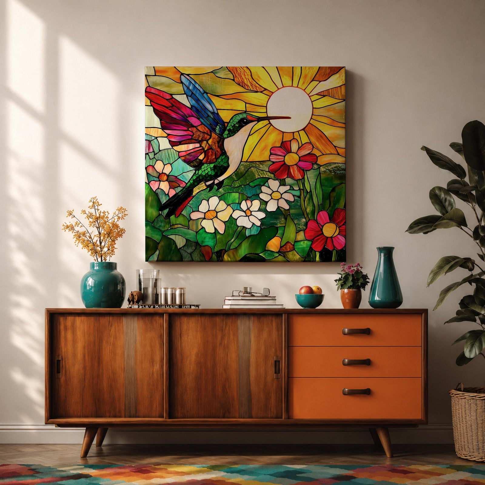 Hummingbird Wall Art Garden Bird Framed Canvas Stained Glass Botanical Floral Nature Home Decor