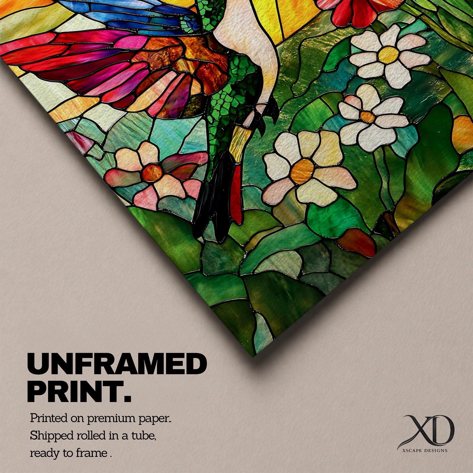 Hummingbird Wall Art Garden Bird Framed Canvas Stained Glass Botanical Floral Nature Home Decor