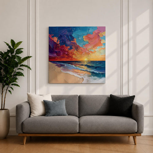 Beach Sunset Wall Art Coastal Seascape Framed Canvas Ocean Impasto Landscape Living Room Decor