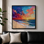 Beach Sunset Wall Art Coastal Seascape Framed Canvas Ocean Impasto Landscape Living Room Decor