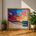 Beach Sunset Wall Art Coastal Seascape Framed Canvas Ocean Impasto Landscape Living Room Decor