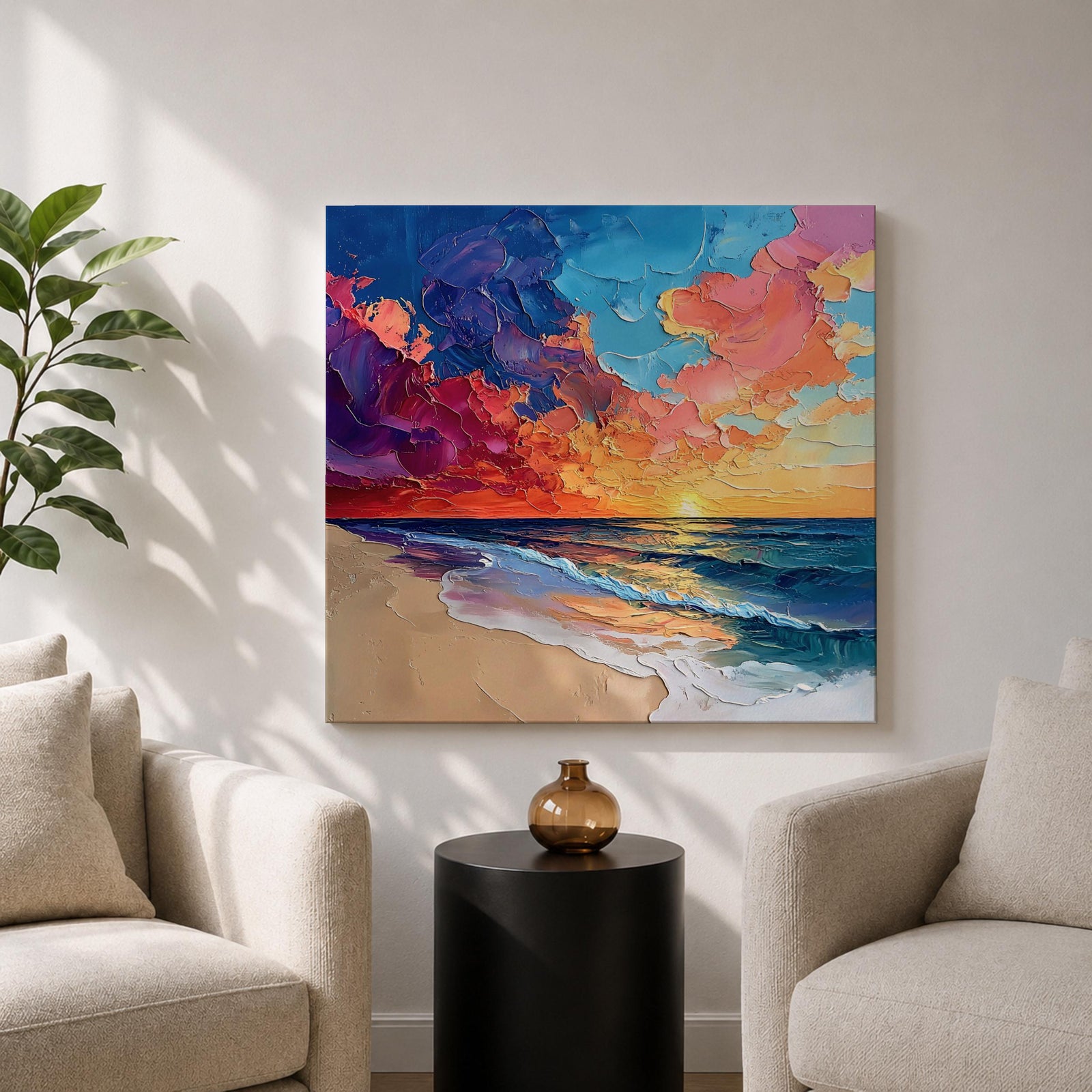 Beach Sunset Wall Art Coastal Seascape Framed Canvas Ocean Impasto Landscape Living Room Decor