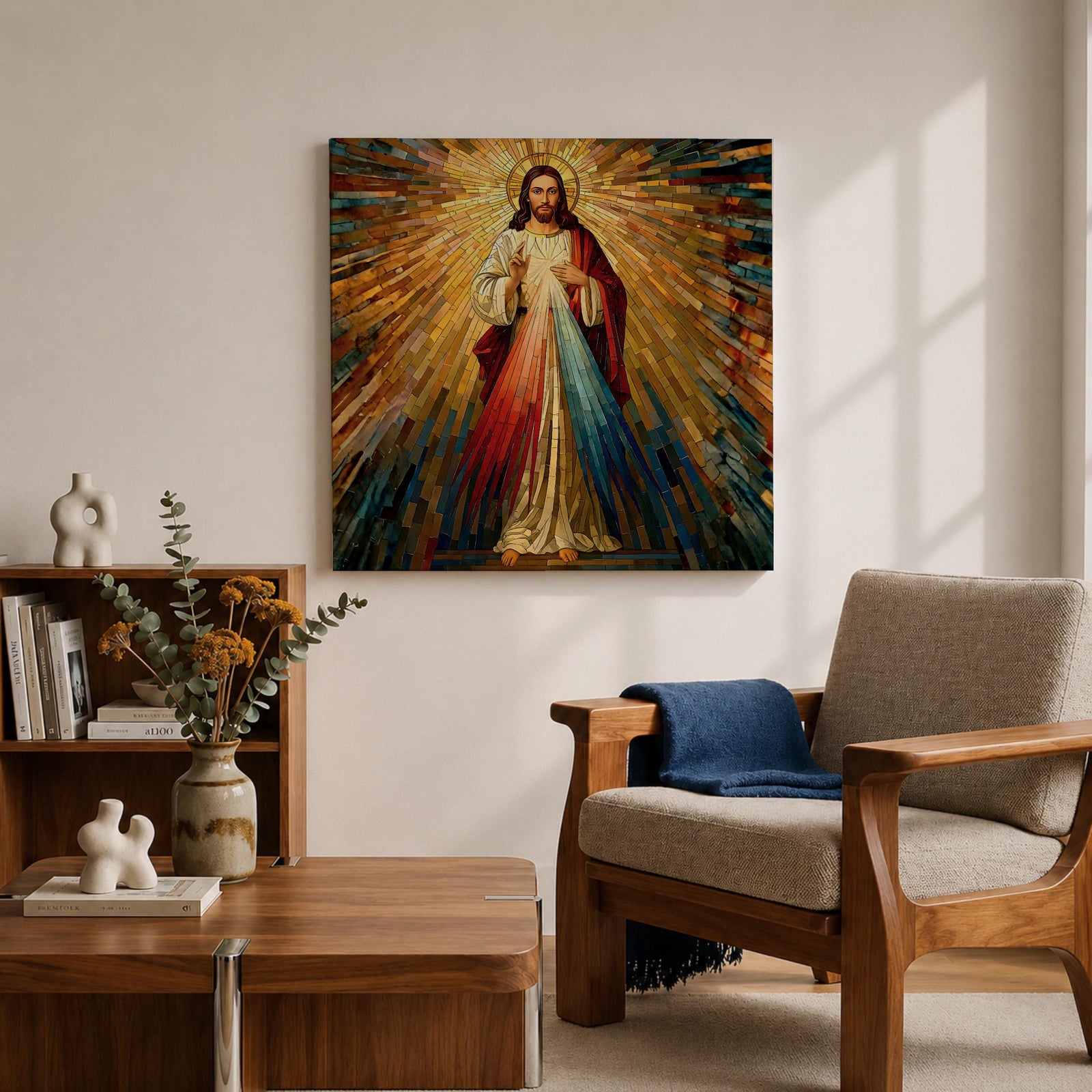 Sacred Heart of Jesus Wall Art Holy Redeemer Framed Canvas Stained Glass Rustic Decor
