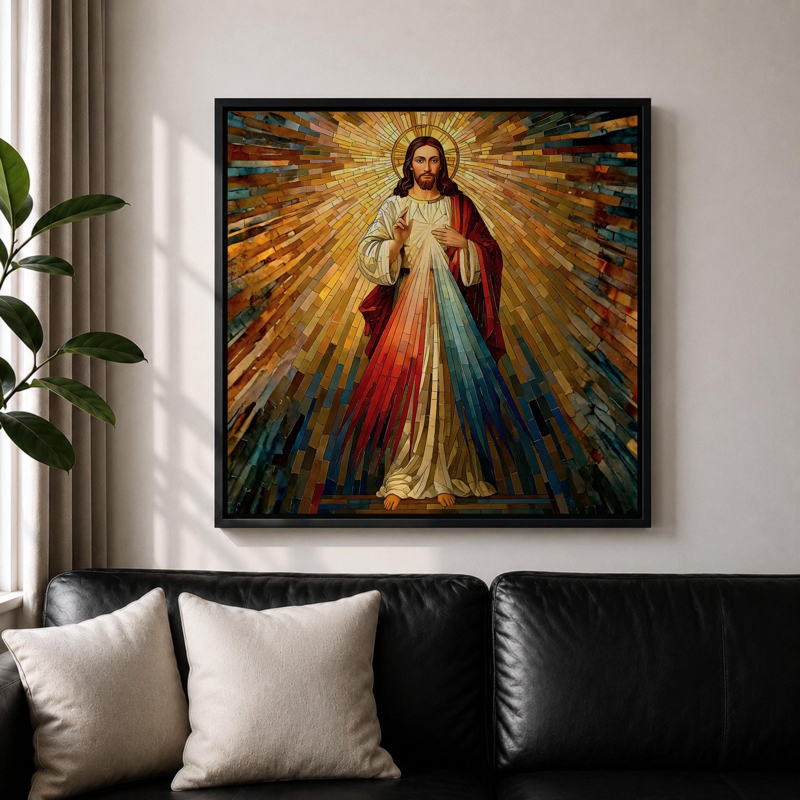 Sacred Heart of Jesus Wall Art Holy Redeemer Framed Canvas Stained Glass Rustic Decor
