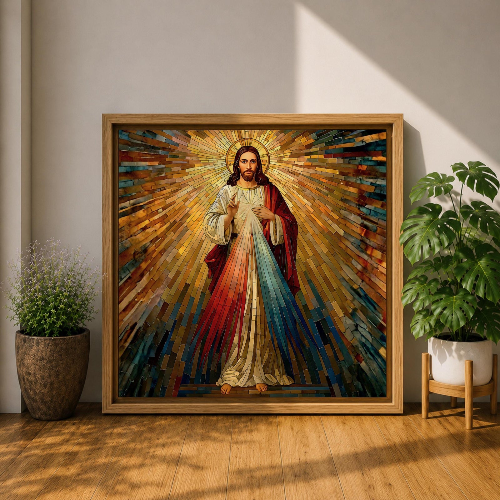 Sacred Heart of Jesus Wall Art Holy Redeemer Framed Canvas Stained Glass Rustic Decor