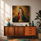 Sacred Heart of Jesus Wall Art Holy Redeemer Framed Canvas Stained Glass Rustic Decor