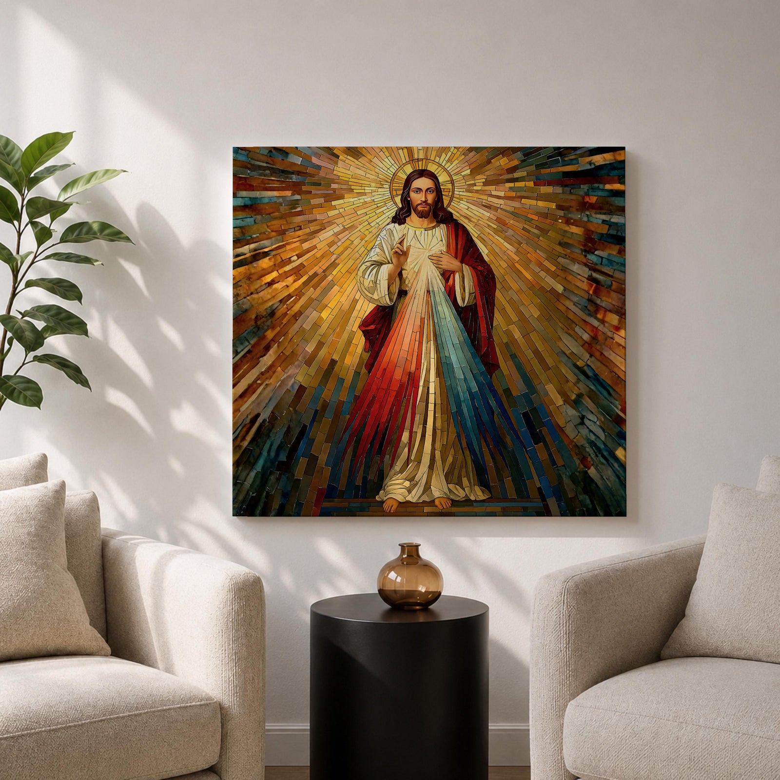 Sacred Heart of Jesus Wall Art Holy Redeemer Framed Canvas Stained Glass Rustic Decor