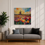 Tulip Field Wall Art Dutch Windmill Framed Canvas Holland Landscape Impasto Farmhouse Home Decor