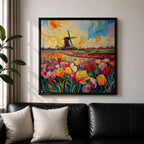Tulip Field Wall Art Dutch Windmill Framed Canvas Holland Landscape Impasto Farmhouse Home Decor