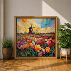 Tulip Field Wall Art Dutch Windmill Framed Canvas Holland Landscape Impasto Farmhouse Home Decor