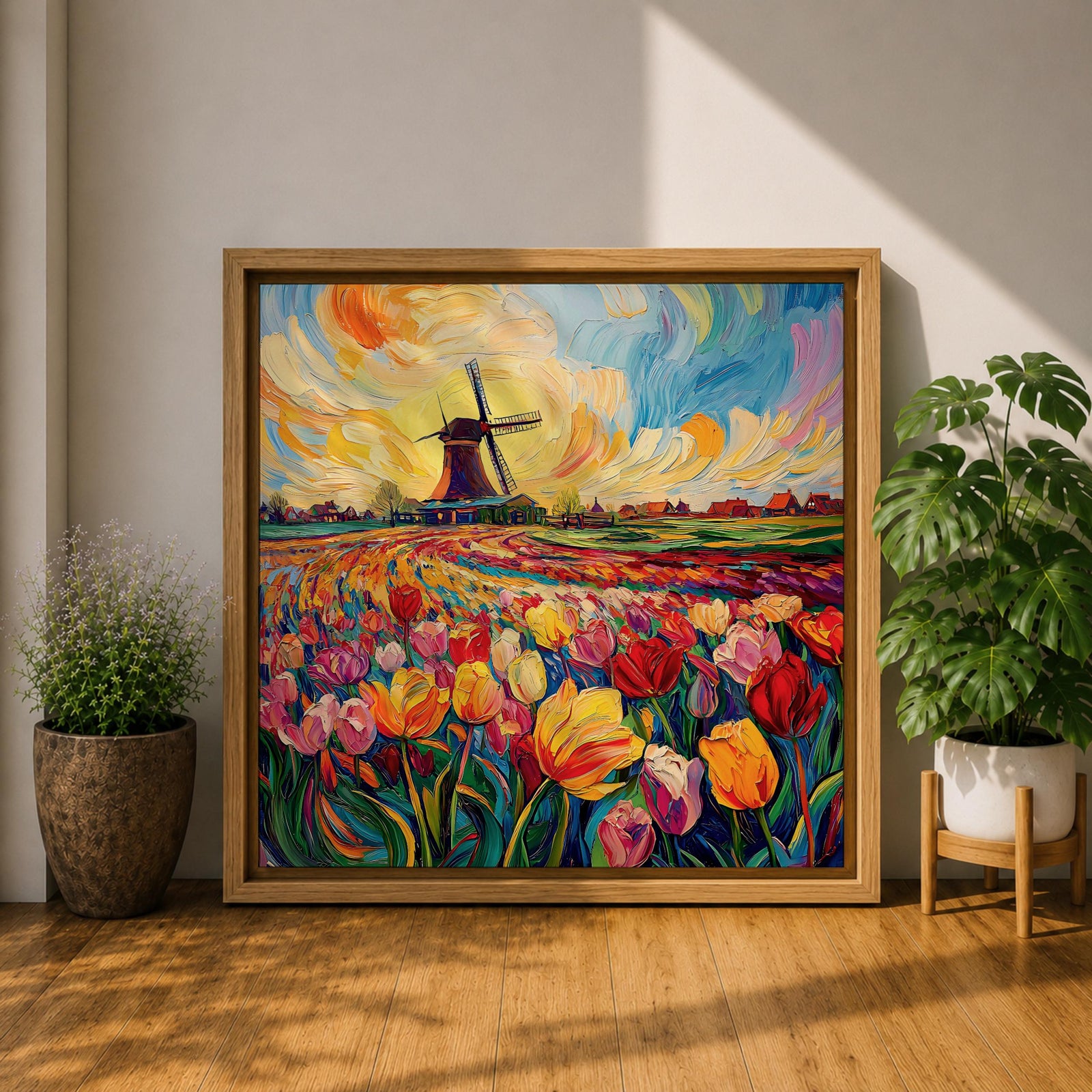 Tulip Field Wall Art Dutch Windmill Framed Canvas Holland Landscape Impasto Farmhouse Home Decor