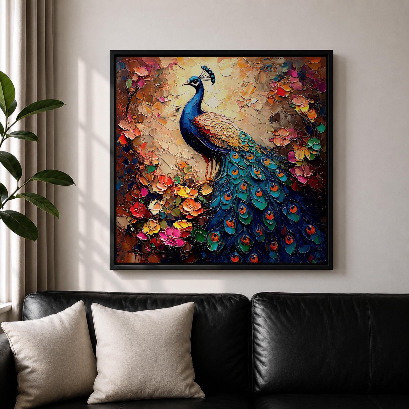 Peacock Wall Art Indian Peafowl Framed Canvas Bird Floral Impasto Boho Home Decor