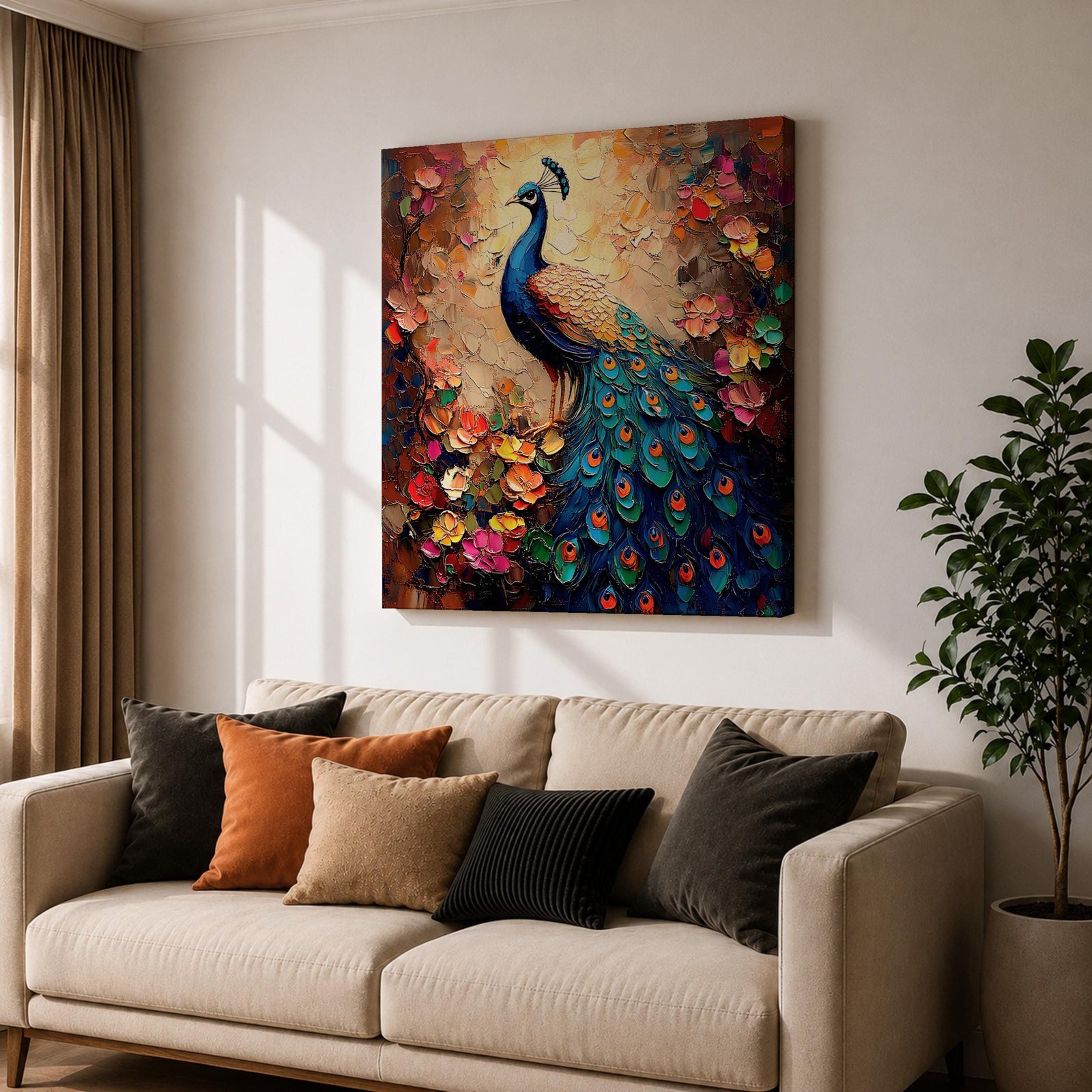 Peacock Wall Art Indian Peafowl Framed Canvas Bird Floral Impasto Boho Home Decor