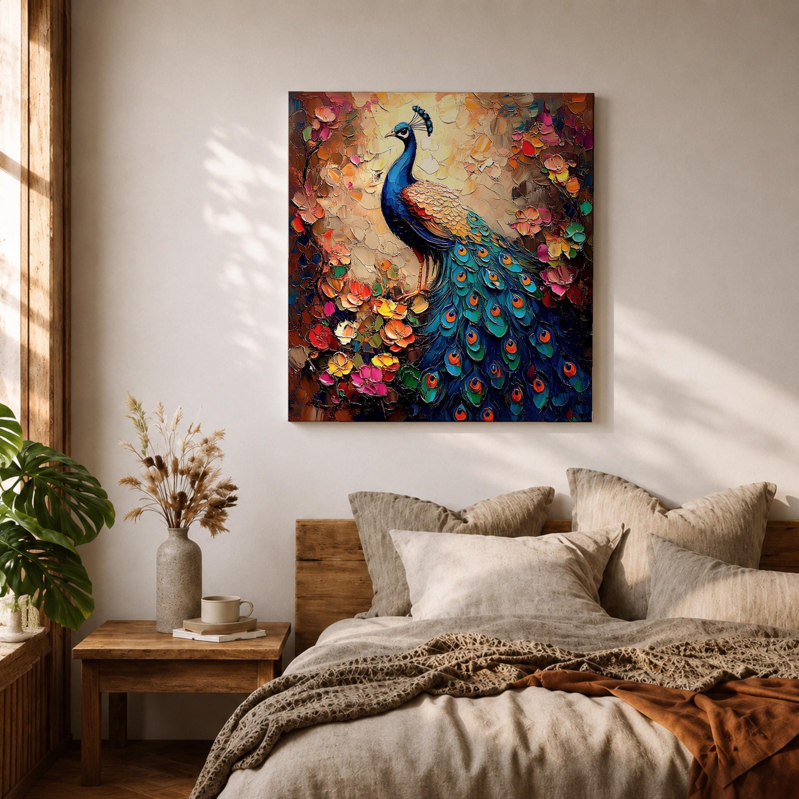 Peacock Wall Art Indian Peafowl Framed Canvas Bird Floral Impasto Boho Home Decor