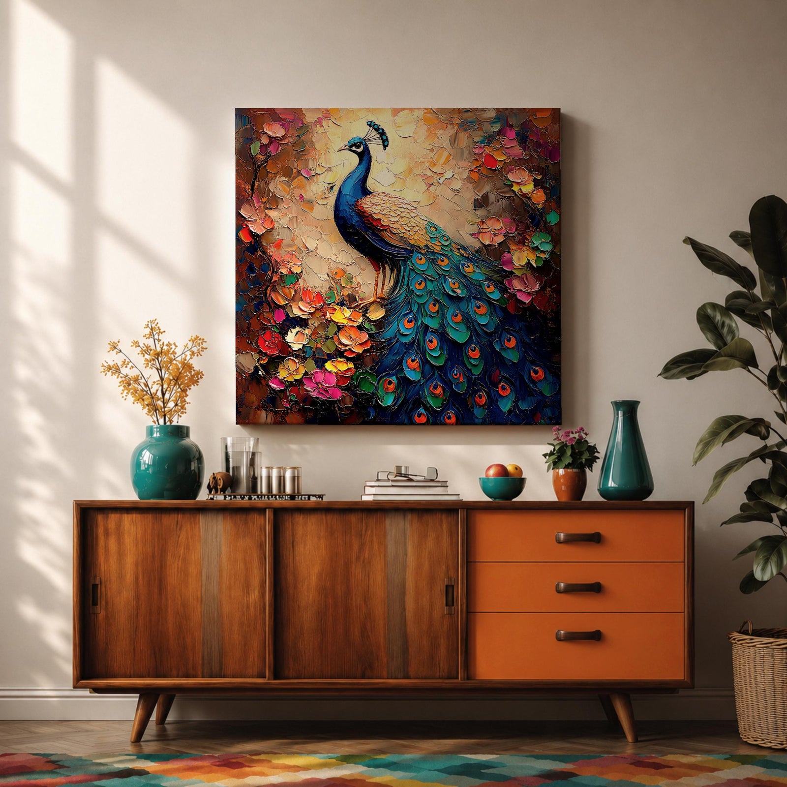 Peacock Wall Art Indian Peafowl Framed Canvas Bird Floral Impasto Boho Home Decor
