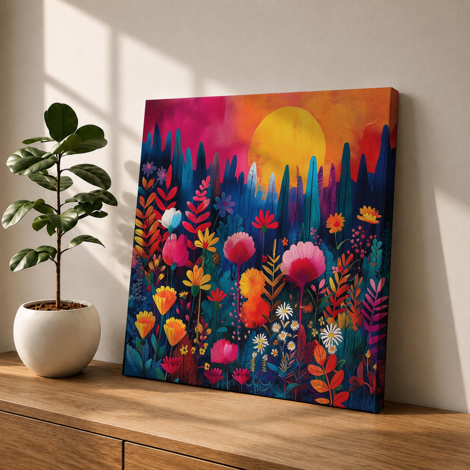 Wildflower Sunset Wall Art Boho Floral Landscape Framed Canvas Botanical Nature Home Decor