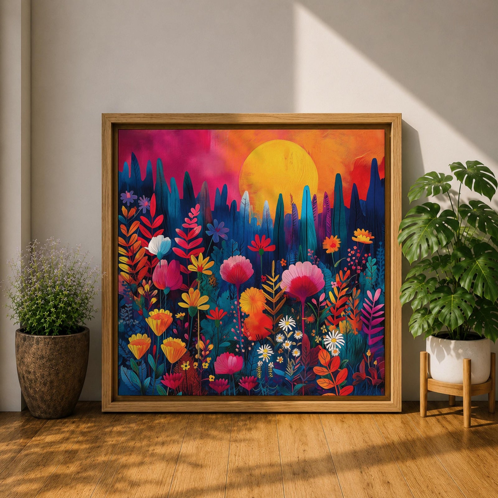 Wildflower Sunset Wall Art Boho Floral Landscape Framed Canvas Botanical Nature Home Decor