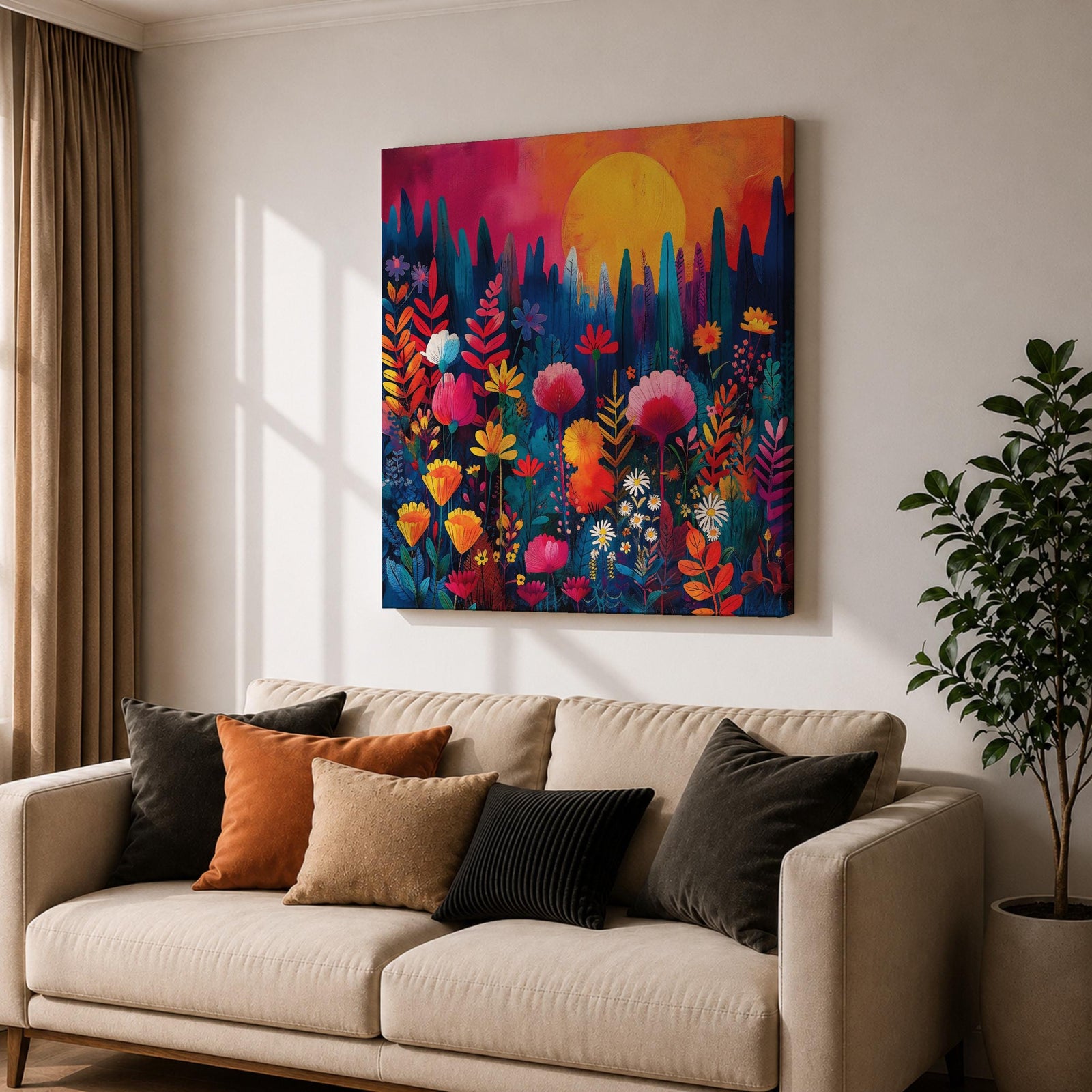 Wildflower Sunset Wall Art Boho Floral Landscape Framed Canvas Botanical Nature Home Decor