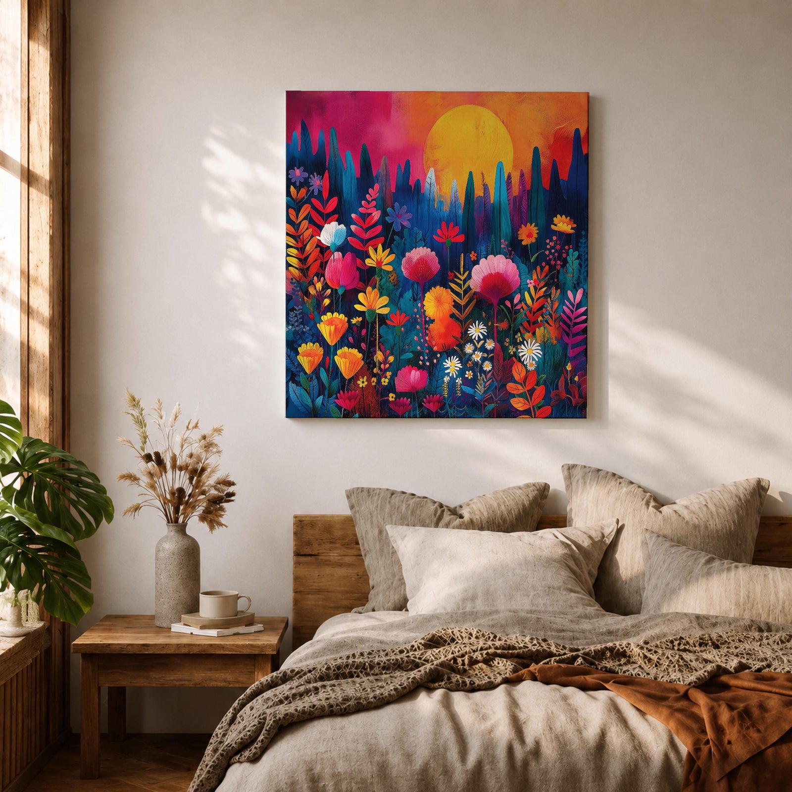 Wildflower Sunset Wall Art Boho Floral Landscape Framed Canvas Botanical Nature Home Decor