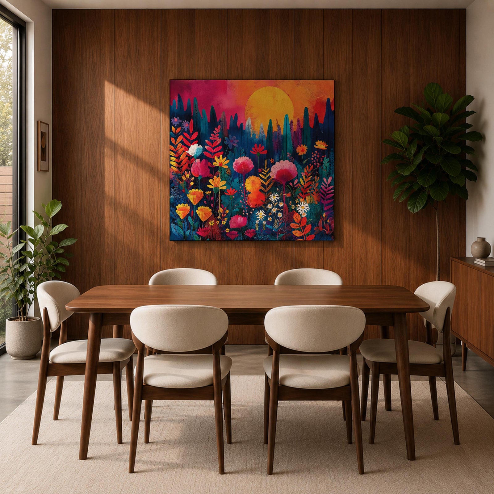Wildflower Sunset Wall Art Boho Floral Landscape Framed Canvas Botanical Nature Home Decor