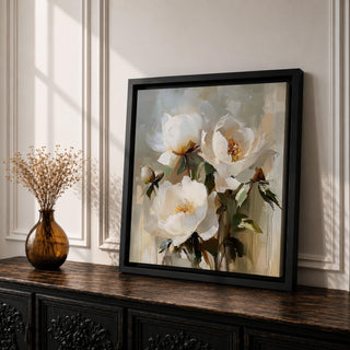 White Peony Wall Art Paeonia Framed Canvas Botanical Impasto Neutral Farmhouse Cottage Home Decor