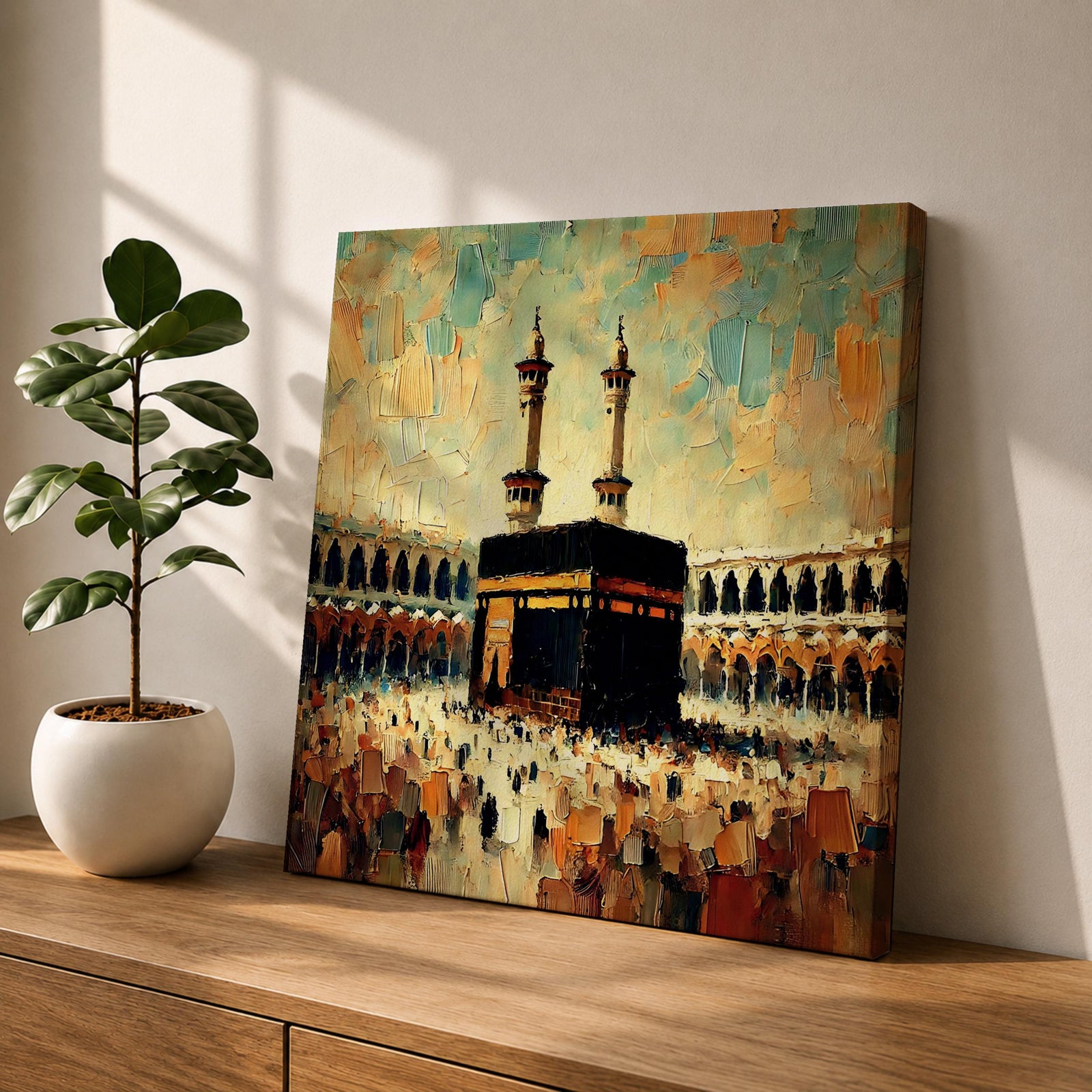 Kaaba Wall Art Sacred Mosque Framed Canvas Makkah Impasto Islamic Rustic Home Decor