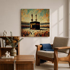 Kaaba Wall Art Sacred Mosque Framed Canvas Makkah Impasto Islamic Rustic Home Decor