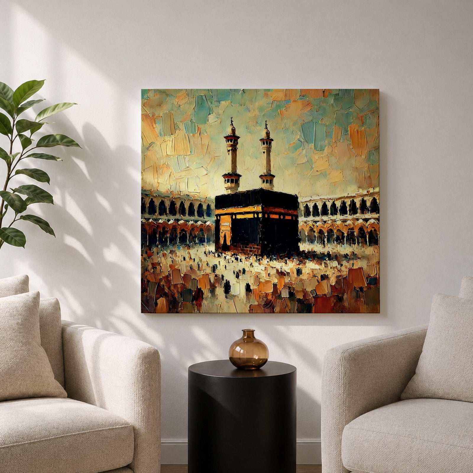 Kaaba Wall Art Sacred Mosque Framed Canvas Makkah Impasto Islamic Rustic Home Decor