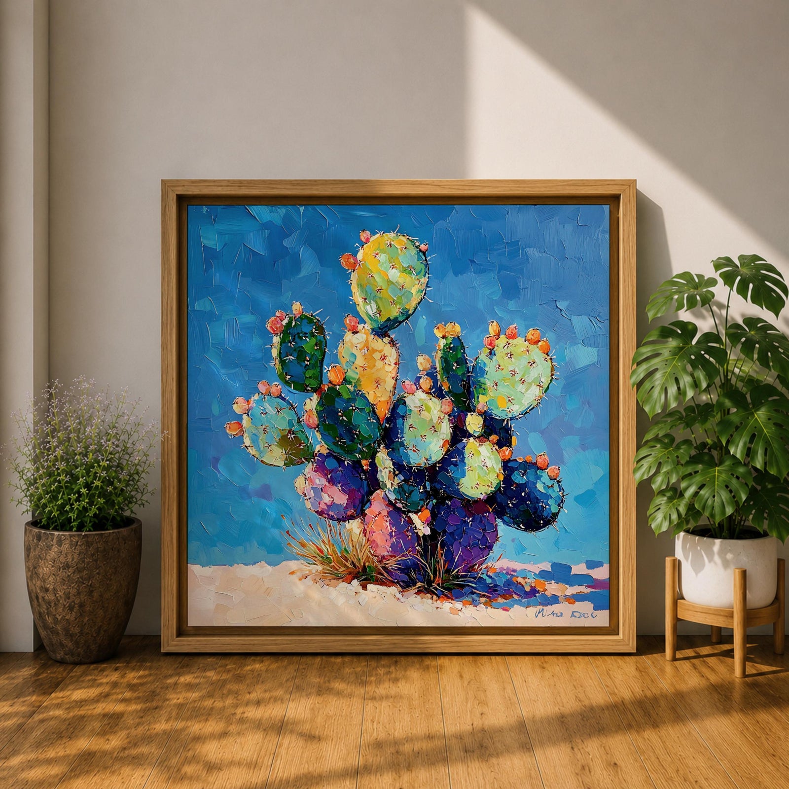 Prickly Pear Cactus Wall Art Southwestern Boho Framed Canvas Impasto Desert Nature Home Decor