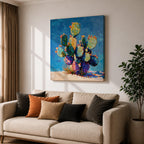 Prickly Pear Cactus Wall Art Southwestern Boho Framed Canvas Impasto Desert Nature Home Decor