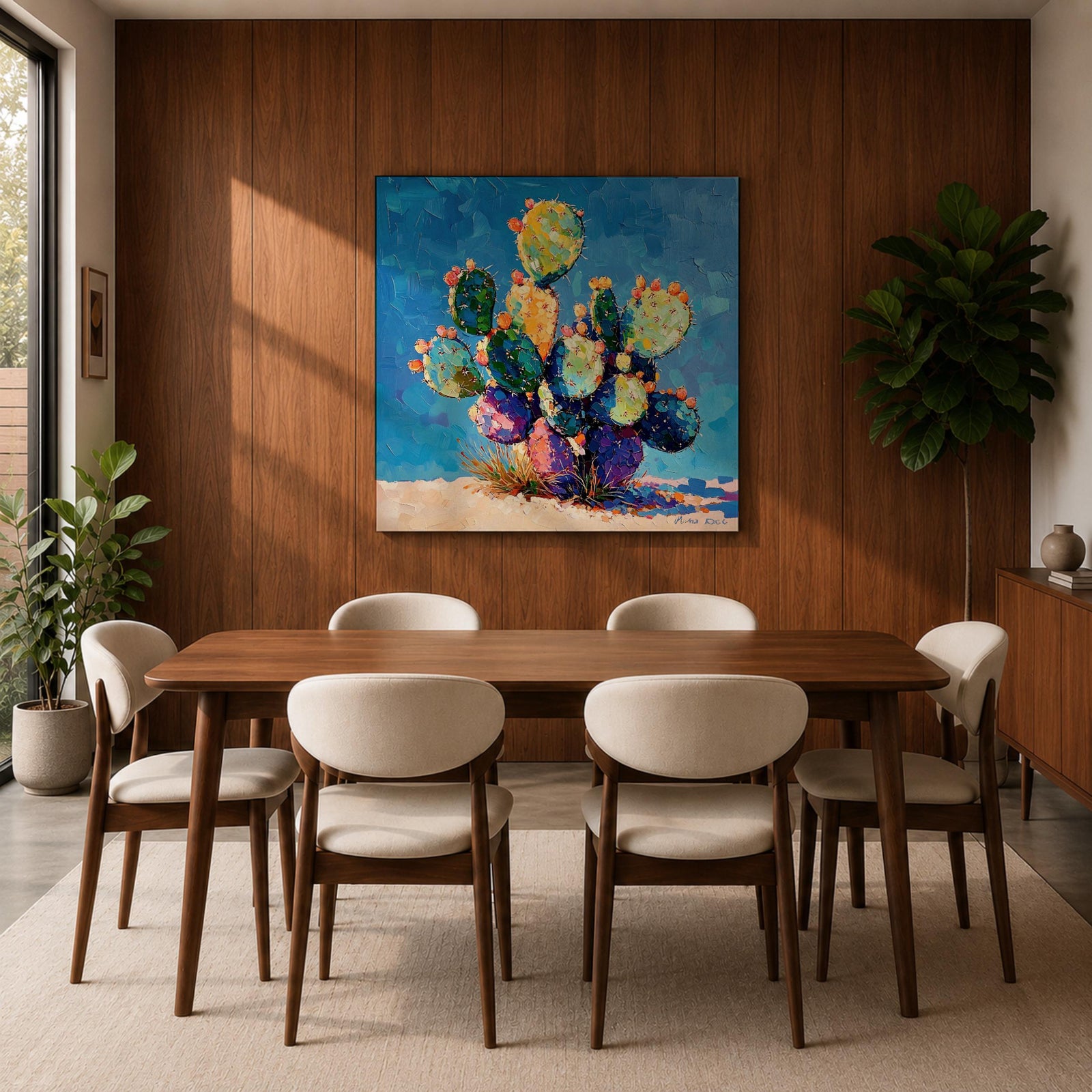 Prickly Pear Cactus Wall Art Southwestern Boho Framed Canvas Impasto Desert Nature Home Decor