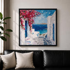 Santorini Greece Wall Art Mediterranean Village Framed Canvas Coastal Impasto Landscape Living Room Decor