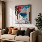 Santorini Greece Wall Art Mediterranean Village Framed Canvas Coastal Impasto Landscape Living Room Decor