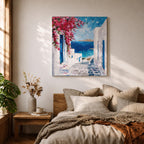 Santorini Greece Wall Art Mediterranean Village Framed Canvas Coastal Impasto Landscape Living Room Decor