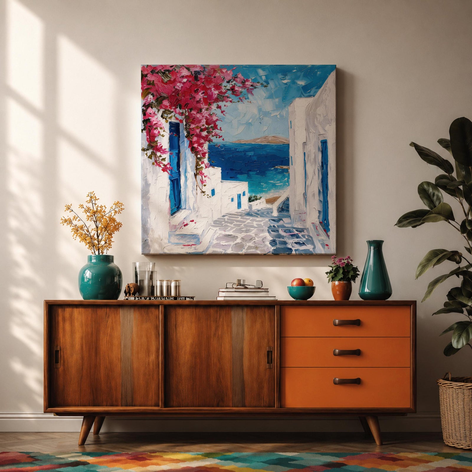 Santorini Greece Wall Art Mediterranean Village Framed Canvas Coastal Impasto Landscape Living Room Decor
