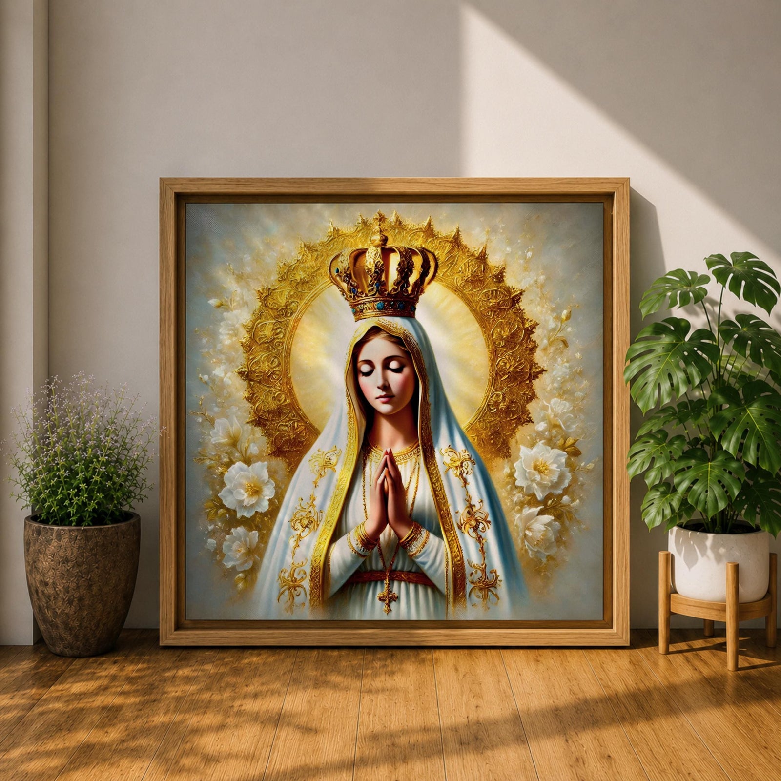 Our Lady of Fatima Wall Art Queen of Heaven Framed Canvas Catholic Home Decor